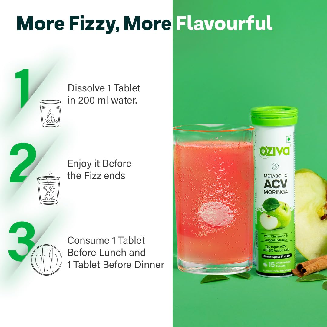 Picture of OZiva ACV Moringa | Control Cravings I Apple Cider Vinegar, Cinnamon, Guggul I No Maltodextrin & No Added Sugar I 15 Effervescent Tablets - Green Apple