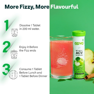 Picture of OZiva ACV Moringa | Control Cravings I Apple Cider Vinegar, Cinnamon, Guggul I No Maltodextrin & No Added Sugar I 15 Effervescent Tablets - Green Apple
