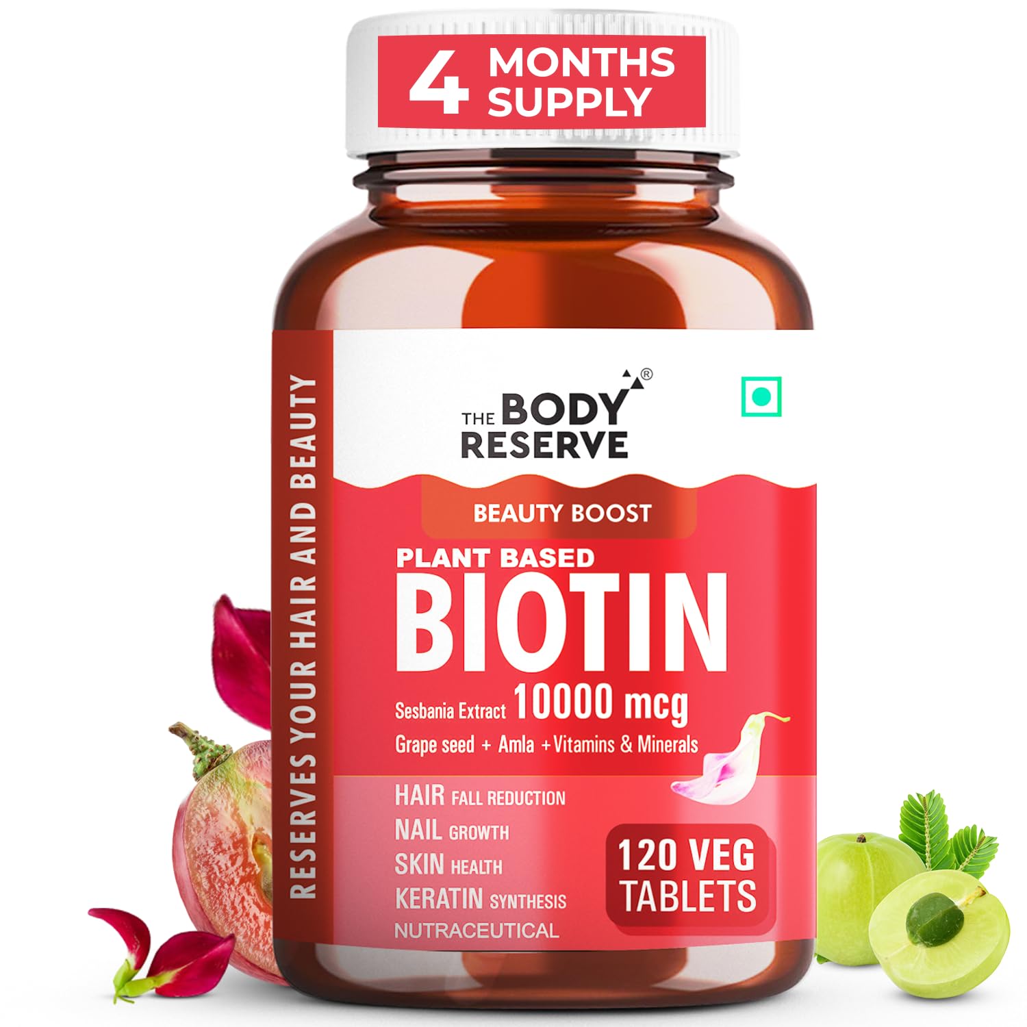 Picture of The Body Reserve Plant Based Biotin Tablets -120 Veg Tablets, Biotin from Sesbania with Amla, Grapeseed & Hair Multivitamins, Biotin helps Hair Growth, Strong Hair, Glowing Skin & Nails, For Men Women