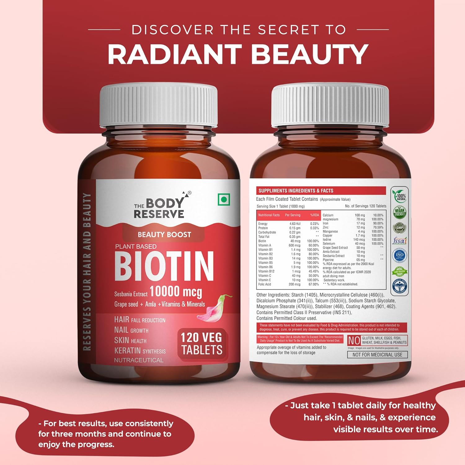 Picture of The Body Reserve Plant Based Biotin Tablets -120 Veg Tablets, Biotin from Sesbania with Amla, Grapeseed & Hair Multivitamins, Biotin helps Hair Growth, Strong Hair, Glowing Skin & Nails, For Men Women