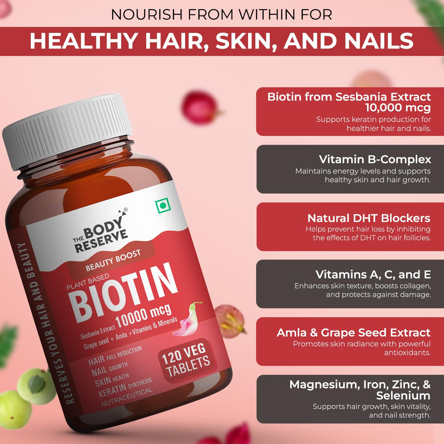 Picture of The Body Reserve Plant Based Biotin Tablets -120 Veg Tablets, Biotin from Sesbania with Amla, Grapeseed & Hair Multivitamins, Biotin helps Hair Growth, Strong Hair, Glowing Skin & Nails, For Men Women