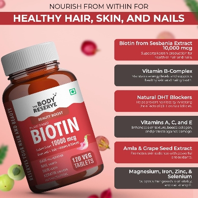 Picture of The Body Reserve Plant Based Biotin Tablets -120 Veg Tablets, Biotin from Sesbania with Amla, Grapeseed & Hair Multivitamins, Biotin helps Hair Growth, Strong Hair, Glowing Skin & Nails, For Men Women