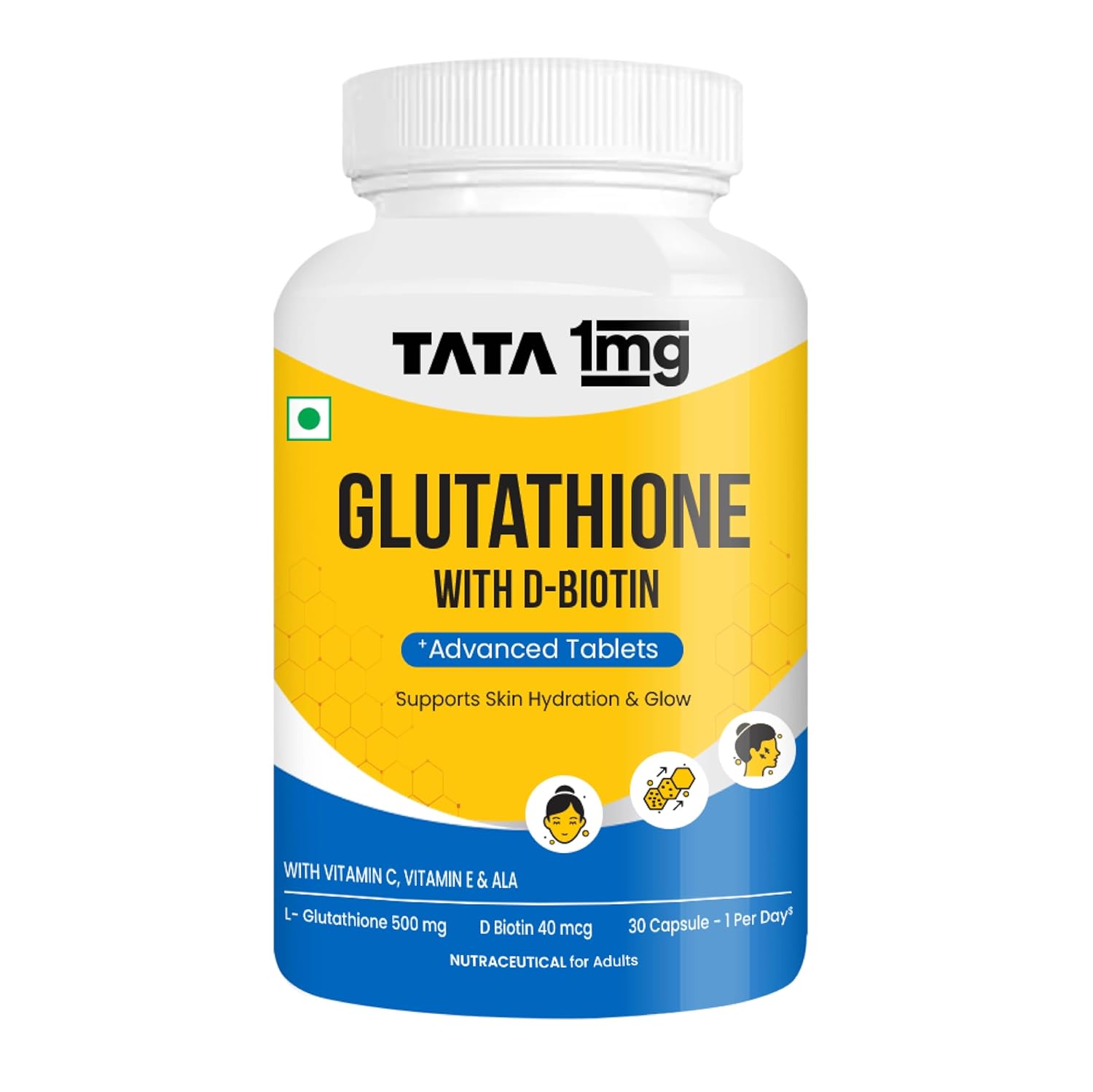 Picture of Tata 1mg Glutathione Advanced Capsule with Vitamin C,E, Biotin & Grape Seed Extract,For Skin Glow,Hydration & Radiance, Pack of 30 Tablets