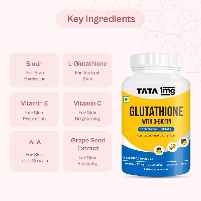 Picture of Tata 1mg Glutathione Advanced Capsule with Vitamin C,E, Biotin & Grape Seed Extract,For Skin Glow,Hydration & Radiance, Pack of 30 Tablets