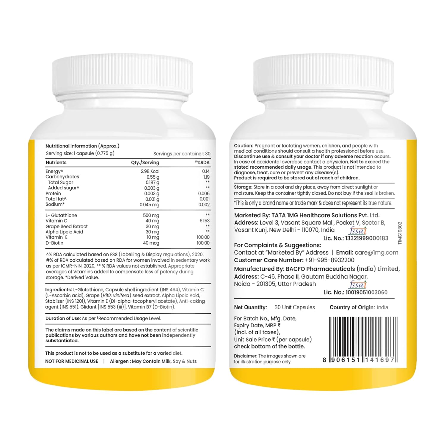 Picture of Tata 1mg Glutathione Advanced Capsule with Vitamin C,E, Biotin & Grape Seed Extract,For Skin Glow,Hydration & Radiance, Pack of 30 Tablets