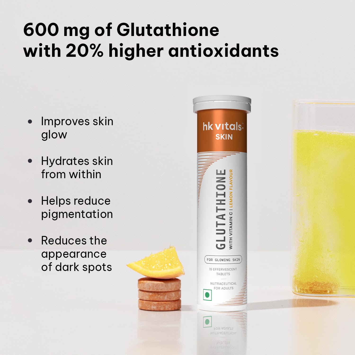 Picture of HealthKart hk vitals Glutathione (Lemon, 15 Effervescent Tablets) | L-Glutathione Tablets with Vitamin C & E | For Skin Glow & Hydration