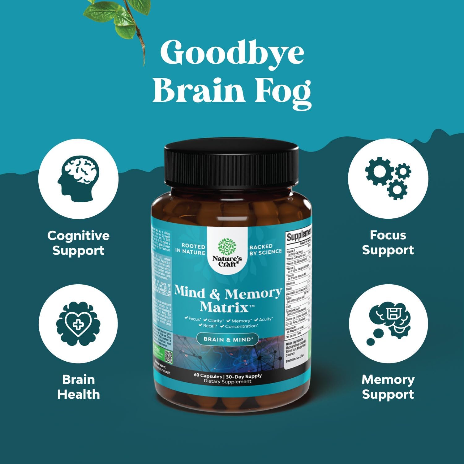 Picture of Advanced Nootropics Brain Support Supplement - Synergetic Mental Energy and Focus Supplement with Brain Vitamins for Cognitive Enhancement - Mind and Memory Supplement for Brain Health (30 Servings)