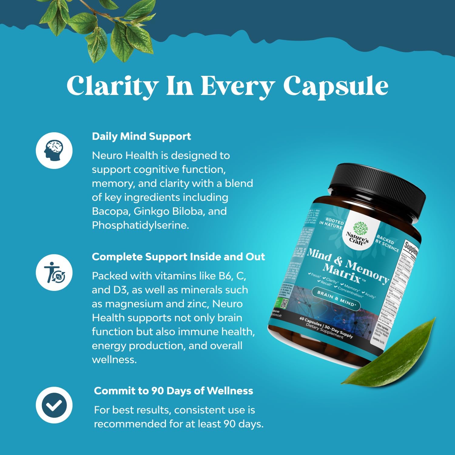 Picture of Advanced Nootropics Brain Support Supplement - Synergetic Mental Energy and Focus Supplement with Brain Vitamins for Cognitive Enhancement - Mind and Memory Supplement for Brain Health (30 Servings)