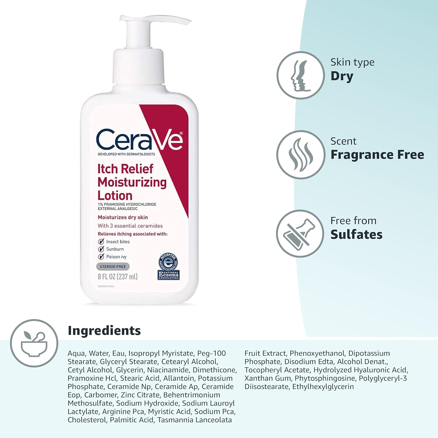 Picture of CeraVe Anti Itch Moisturizing Lotion with Pramoxine Hydrochloride, Relieves Itch with Minor Skin Irritations, Sunburn Relief, Bug Bites, 8 Ounce-237 ml