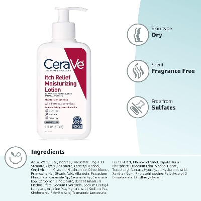 Picture of CeraVe Anti Itch Moisturizing Lotion with Pramoxine Hydrochloride, Relieves Itch with Minor Skin Irritations, Sunburn Relief, Bug Bites, 8 Ounce-237 ml