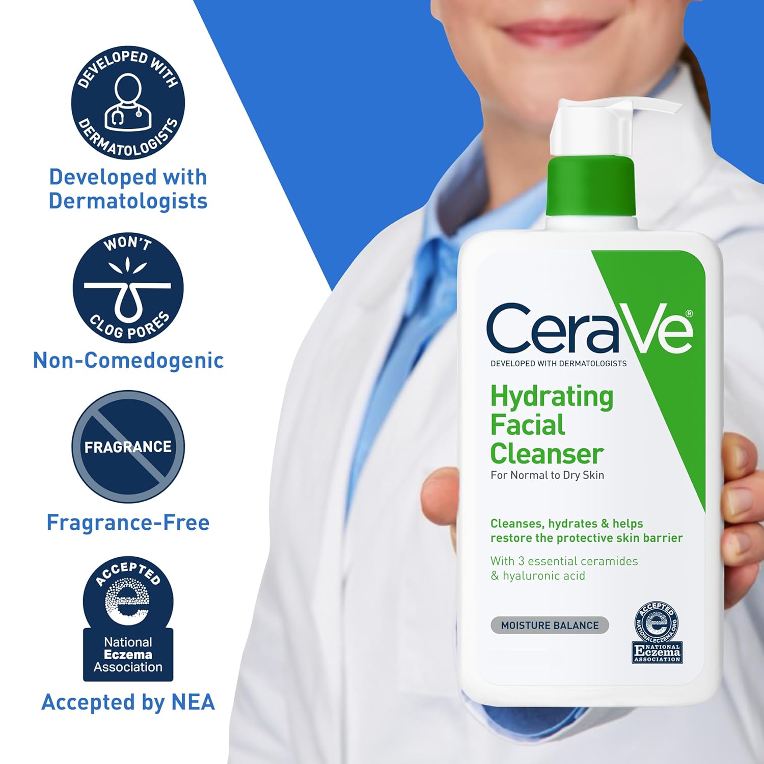 Picture of CeraVe Hydrating Facial Cleanser, Moisturizing Face Wash For Dry Skin, Hyaluronic Acid + Ceramides + Glycerin, Hydrating Cleanser For Normal To Dry Skin, National Eczema Association Certified-237 ml(packaging may vary)