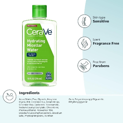 Picture of CeraVe Micellar Water, Hydrating Facial Cleanser & Eye Makeup Remover with Niacinamide, Ceramides & Glycerin, Fragrance-Free & Non-Irritating, 10 Fluid Ounces-296 ml