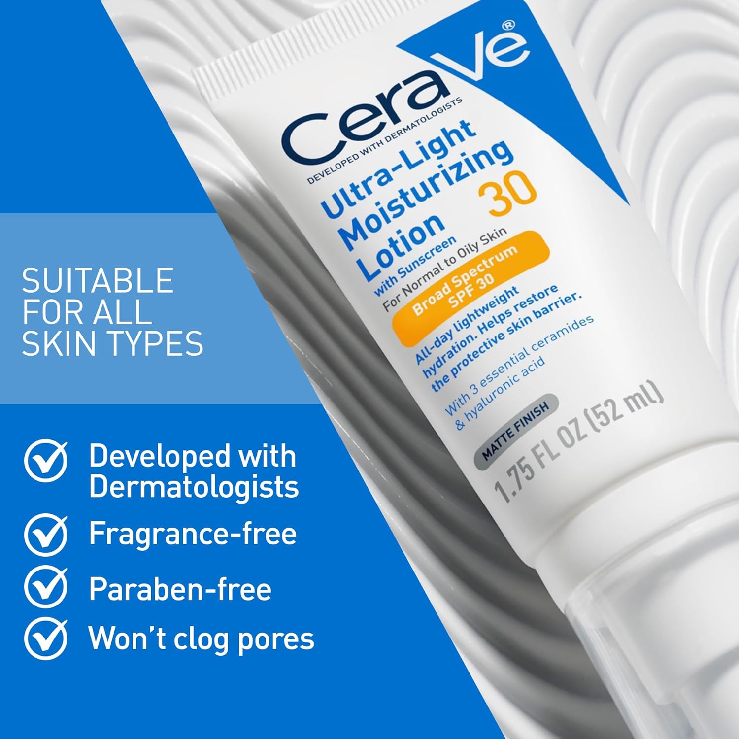 Picture of CeraVe Ultra-Light Moisturizing Lotion With SPF 30, Daily Face Moisturizer with SPF, Formulated with Hyaluronic Acid & Ceramides, Broad Spectrum SPF, Oil Free, Matte Finish, 1.7 Ounce