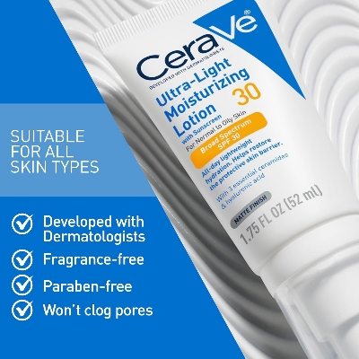 Picture of CeraVe Ultra-Light Moisturizing Lotion With SPF 30, Daily Face Moisturizer with SPF, Formulated with Hyaluronic Acid & Ceramides, Broad Spectrum SPF, Oil Free, Matte Finish, 1.7 Ounce