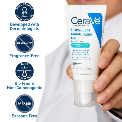 Picture of CeraVe Ultra-Light Moisturizing Gel, Hydrating Gel Face Moisturizer For Men & For Women with Ceramides, Niacinamide, Hyaluronic Acid, Fragrance Free, Oil-Free, Mattifying Moisturizer, 1.75 FL Oz