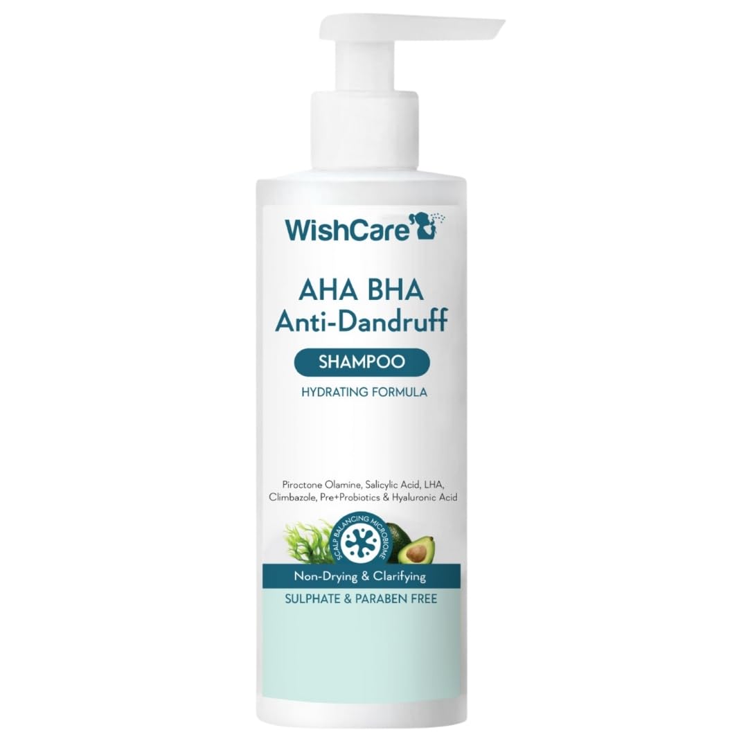 Picture of WishCare Hydrating AHA BHA Anti Dandruff Shampoo For Women & Men- Piroctone Olamine, Salicylic Acid, LHA, Climbazole, Pre+Probiotics & Hyaluronic Acid - Paraben & Sulphate Free Shampoo 250ml
