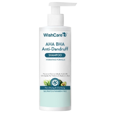 Picture of WishCare Hydrating AHA BHA Anti Dandruff Shampoo For Women & Men- Piroctone Olamine, Salicylic Acid, LHA, Climbazole, Pre+Probiotics & Hyaluronic Acid - Paraben & Sulphate Free Shampoo 250ml