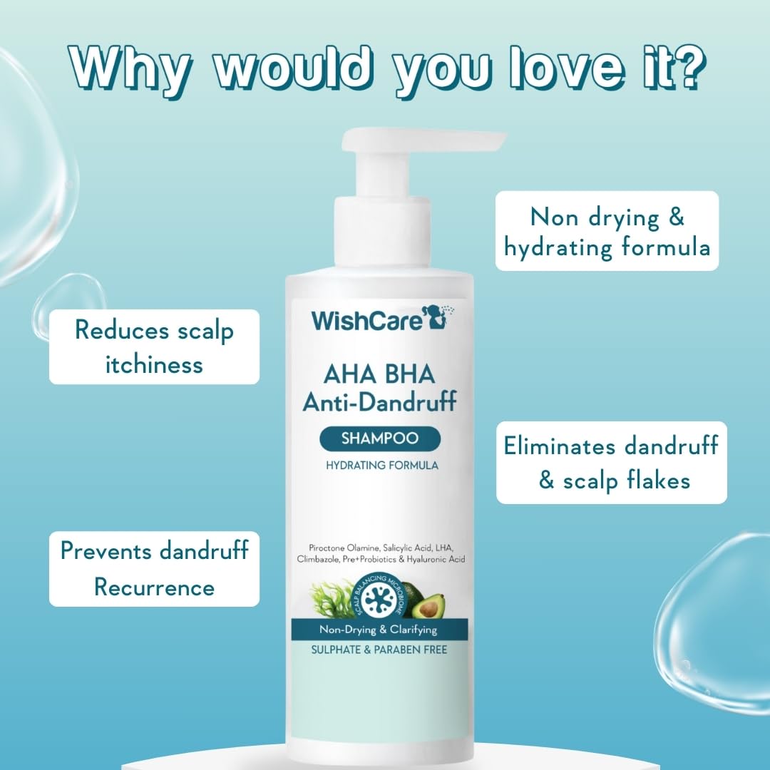 Picture of WishCare Hydrating AHA BHA Anti Dandruff Shampoo For Women & Men- Piroctone Olamine, Salicylic Acid, LHA, Climbazole, Pre+Probiotics & Hyaluronic Acid - Paraben & Sulphate Free Shampoo 250ml