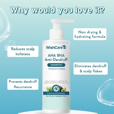 Picture of WishCare Hydrating AHA BHA Anti Dandruff Shampoo For Women & Men- Piroctone Olamine, Salicylic Acid, LHA, Climbazole, Pre+Probiotics & Hyaluronic Acid - Paraben & Sulphate Free Shampoo 250ml