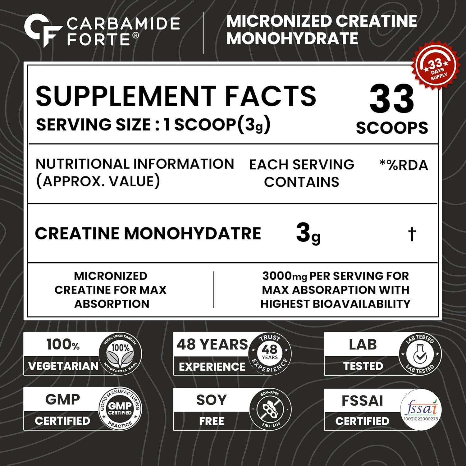 Picture of Carbamide Forte Creatine Mono Hydrate Powder | Micronized Monohydrate 100gm | Creatine Supplement for Lean Muscle Volumization, Strength & Energy - Unflavoured Powder - 33 Servings - 100g