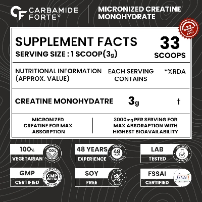 Picture of Carbamide Forte Creatine Mono Hydrate Powder | Micronized Monohydrate 100gm | Creatine Supplement for Lean Muscle Volumization, Strength & Energy - Unflavoured Powder - 33 Servings - 100g