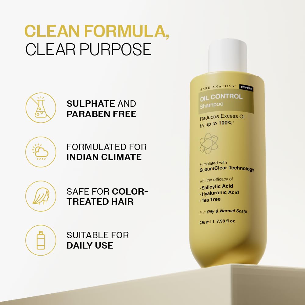 Picture of Bare Anatomy Oil Control Shampoo | Sulphate & Paraben Free | Reduces Excess Oil by Up to 100% | Salicylic Acid + Hyaluronic Acid + Tea Tree | Suitable for Oily Scalp & Dry Ends | For Women & Men | 236ml