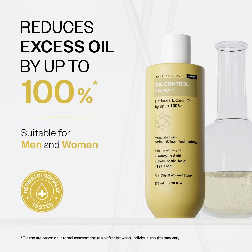 Picture of Bare Anatomy Oil Control Shampoo | Sulphate & Paraben Free | Reduces Excess Oil by Up to 100% | Salicylic Acid + Hyaluronic Acid + Tea Tree | Suitable for Oily Scalp & Dry Ends | For Women & Men | 236ml