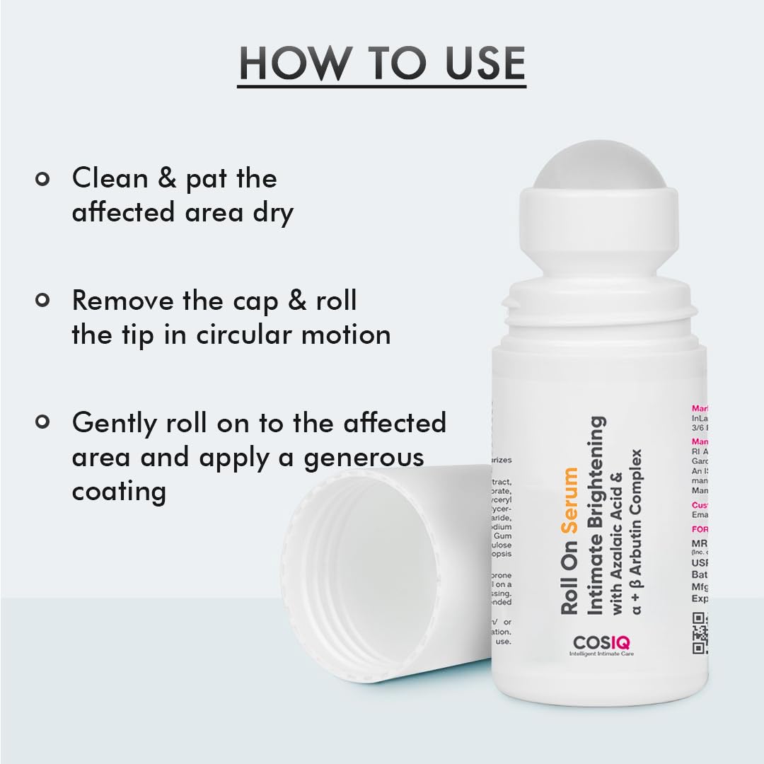 Picture of Cos-IQ Intimate Brightening Roll-On Serum | With Azelaic Acid & Alpha + Beta Arbutin Complex | For Dark Underarms, Inner Thighs, Knees & Bikini Area | Intimate Areas for Women & Men | 40ml