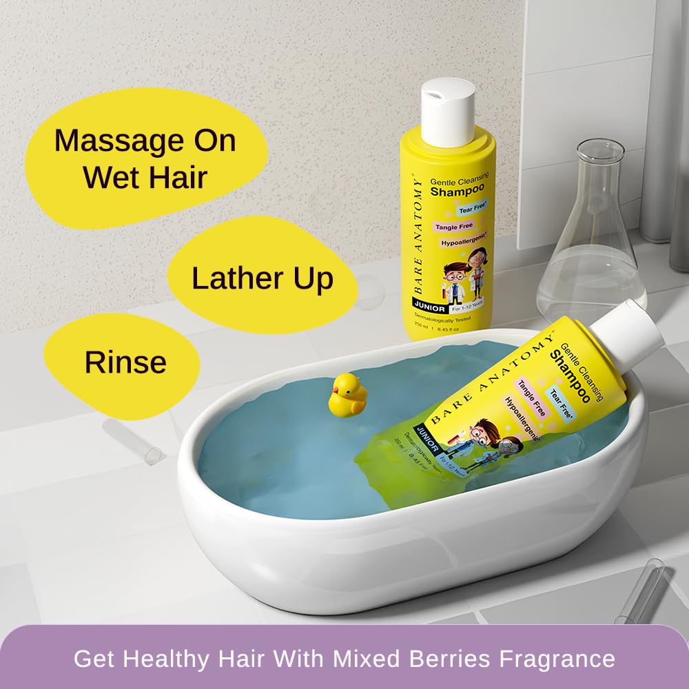 Picture of Bare Anatomy Junior Gentle Cleansing Shampoo For Kids from 1-12 Years | Tear-Free & Hypoallergenic pH 5.5 | Coconut Milk Protein, Almond Oil, Vitamin E & Strawberry | SLS & Paraben Free | Vegan -250ml