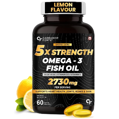 Picture of Carbamide Forte 5X Strength Omega 3 Fish Oil Capsules 2730mg with Omega 3 Supplement 1590mg and added Vitamin A, D, E & Aloevera with Fish Oil for Men & Women - 60 Softgel Capsules