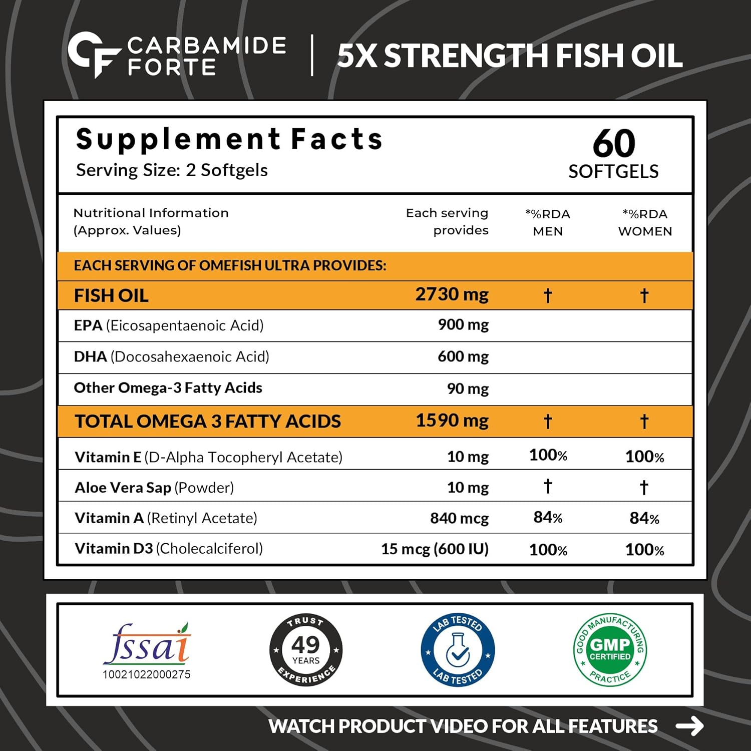 Picture of Carbamide Forte 5X Strength Omega 3 Fish Oil Capsules 2730mg with Omega 3 Supplement 1590mg and added Vitamin A, D, E & Aloevera with Fish Oil for Men & Women - 60 Softgel Capsules