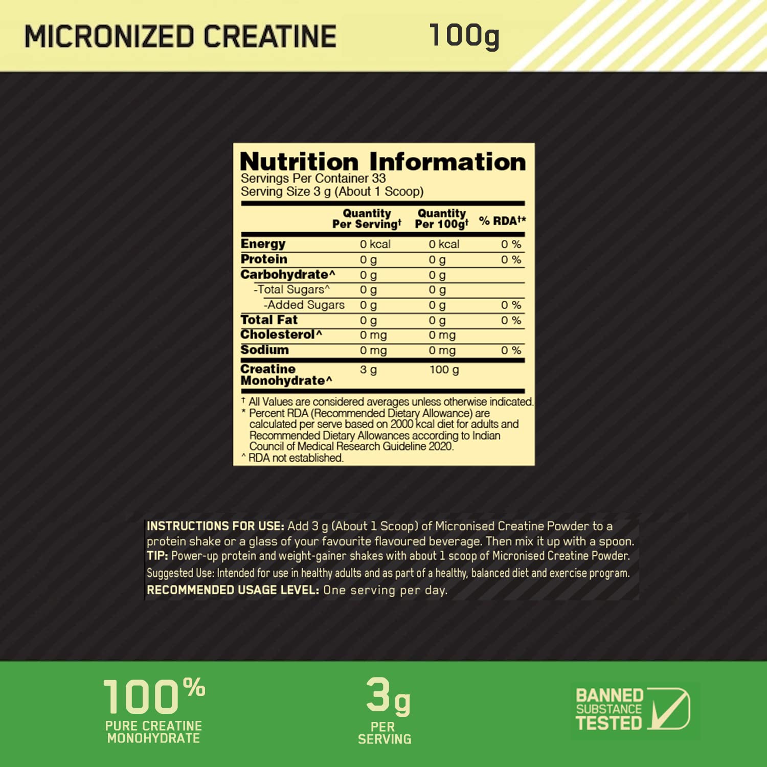 Picture of Optimum Nutrition (ON) Micronized Creatine Powder - 100 Gram, 33 Serves, 3g of 100% Creatine Monohydrate per serve, Supports Athletic Performance & Power, Unflavored.