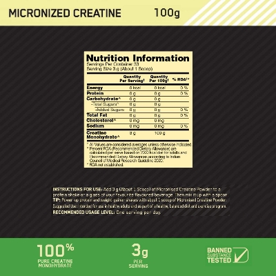 Picture of Optimum Nutrition (ON) Micronized Creatine Powder - 100 Gram, 33 Serves, 3g of 100% Creatine Monohydrate per serve, Supports Athletic Performance & Power, Unflavored.