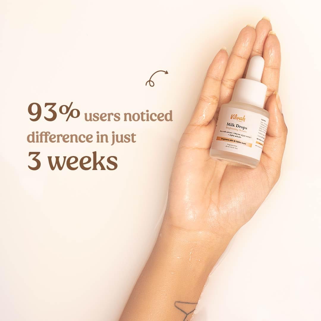 Picture of Vilvah Store Milk Drops Brightening Serum Formulated With Rice Milk Extract, Marine Algae Extract, Alpha Arbutin, Fades Scars, Brightens Skin & Even Skin Tone For All Skin Type, 20ml