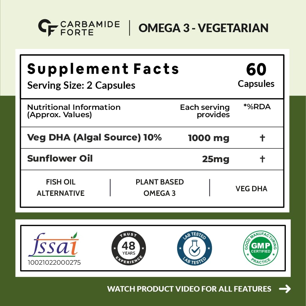 Picture of Carbamide Forte Veg Omega3 1000mg | Veg DHA | Vegetarian Omega 3 | Algal DHA | Plant Based | No Fish oil Used Capsules for Men & Women- 60 Veg Capsules