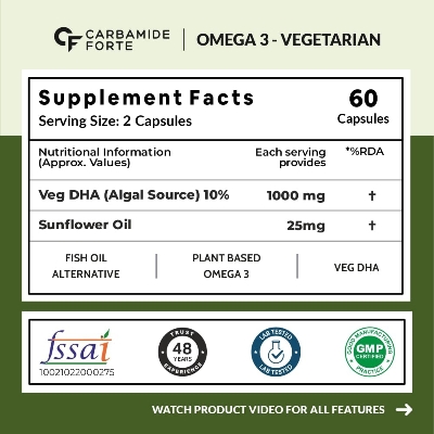 Picture of Carbamide Forte Veg Omega3 1000mg | Veg DHA | Vegetarian Omega 3 | Algal DHA | Plant Based | No Fish oil Used Capsules for Men & Women- 60 Veg Capsules