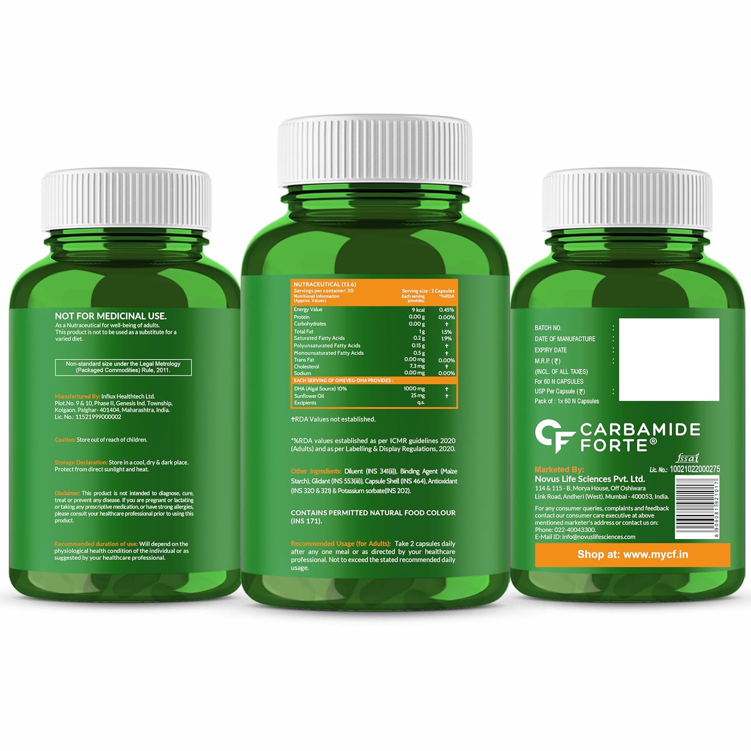 Picture of Carbamide Forte Veg Omega3 1000mg | Veg DHA | Vegetarian Omega 3 | Algal DHA | Plant Based | No Fish oil Used Capsules for Men & Women- 60 Veg Capsules