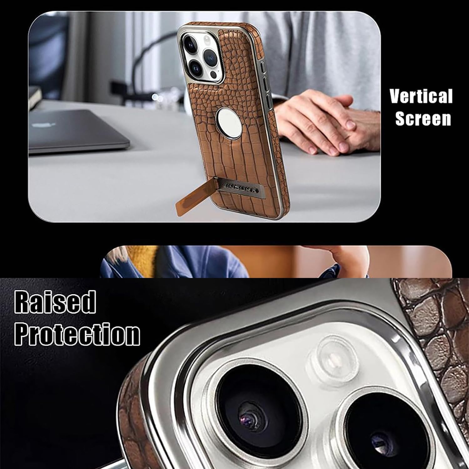Picture of Back cover for all iphone Leather Material with Metal Magnetic Folding Stand,Luxury Leather back xover Invisible Stand Phone Case Cover for iPhone 12-15 (iPhone15 Pro Max,Brown)