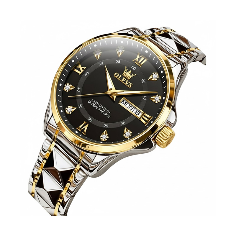 Picture of Olevs 2906 Men's Two-Tone Luxury Watch – Silver & Gold Stainless Steel with Black Dial