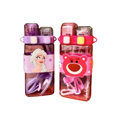Picture of Double drink water bottle, Mickey Mouse bottle, Donald Duck drinkware, Lotso kids bottle, dual chamber bottle, cartoon water bottle, 2-in-1 kids bottle, Disney water bottle, leakproof straw bottle, fun hydration bottle