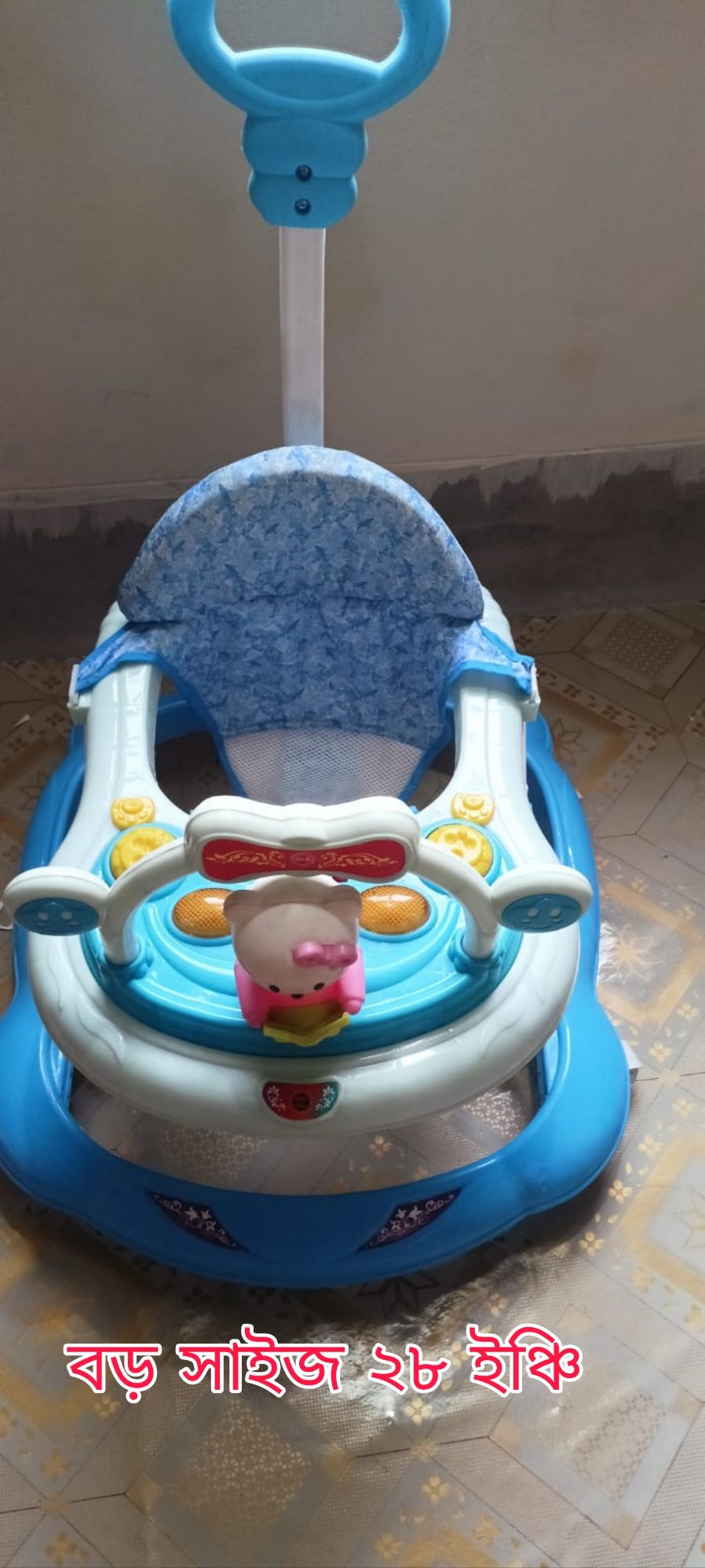 Picture of Mee Mee 360° Big Size Baby Activity Walker | 3 Level Adjustable Height, Foot Mat, Musical Detachable Toy Bar | Parental Push Handle, Anti-Rollover Folding Walker for Boys, Girls, Kids | 9-25 Months 25kg (Blue) Cash On Delivery Available