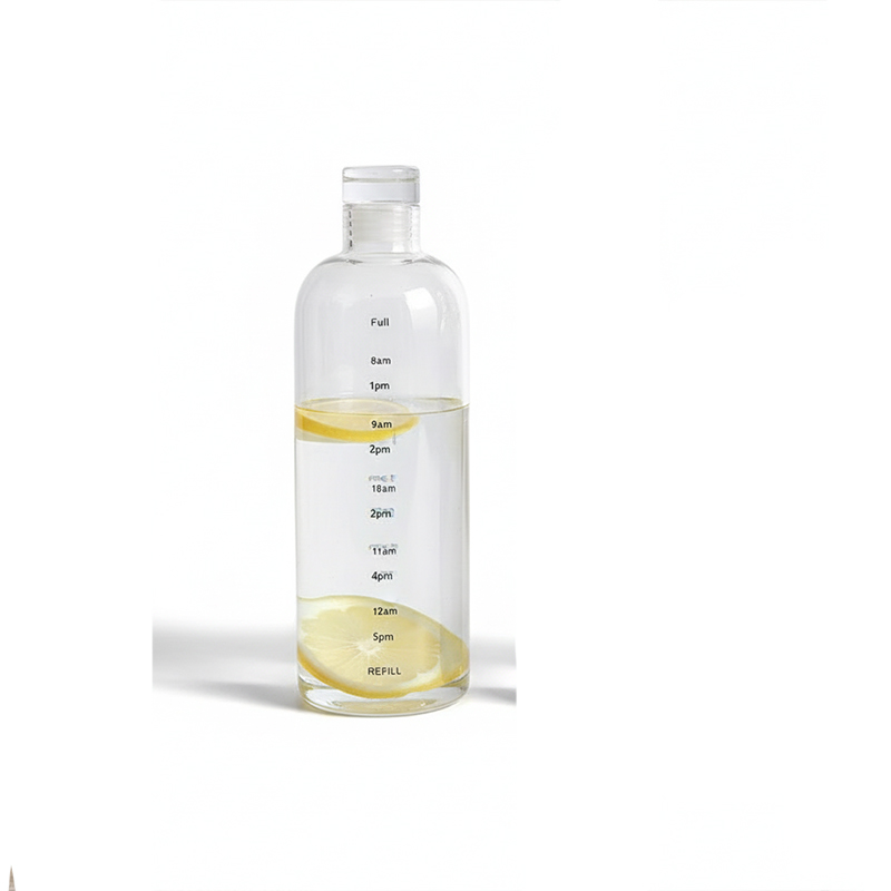 Picture of High Borosilicate Glass Water Bottle with Time Markings – 1000ml | Leakproof Motivational Bottle with Silicone Sleeve & Lid