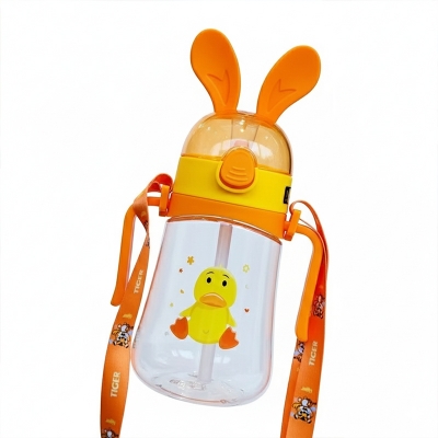 Picture of Cute Cartoon Straw Water Bottle for Kids – 550ml | Leak-Proof | With Strap & Lid