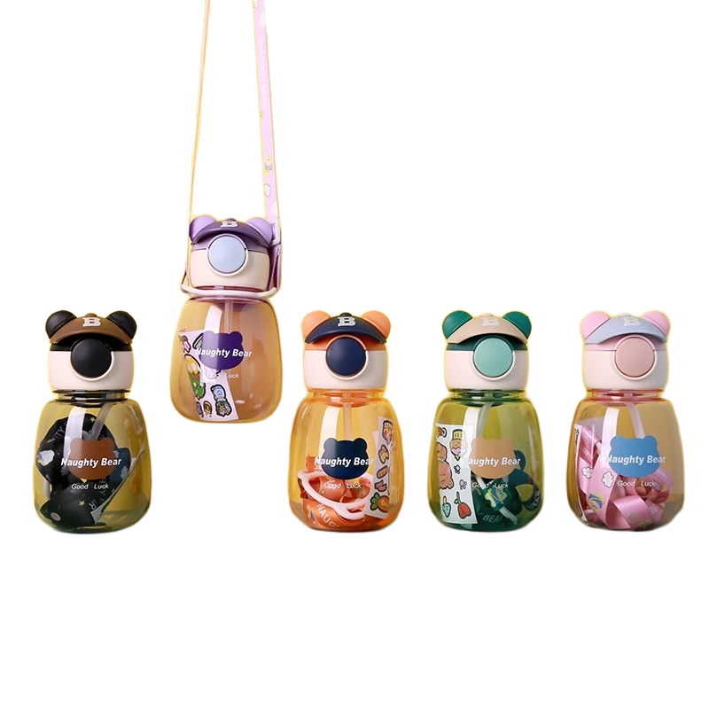 Picture of New Cartoon Bear Kids Water Bottle – 500ml | Leak-Proof Straw Cup with Strap & Handle