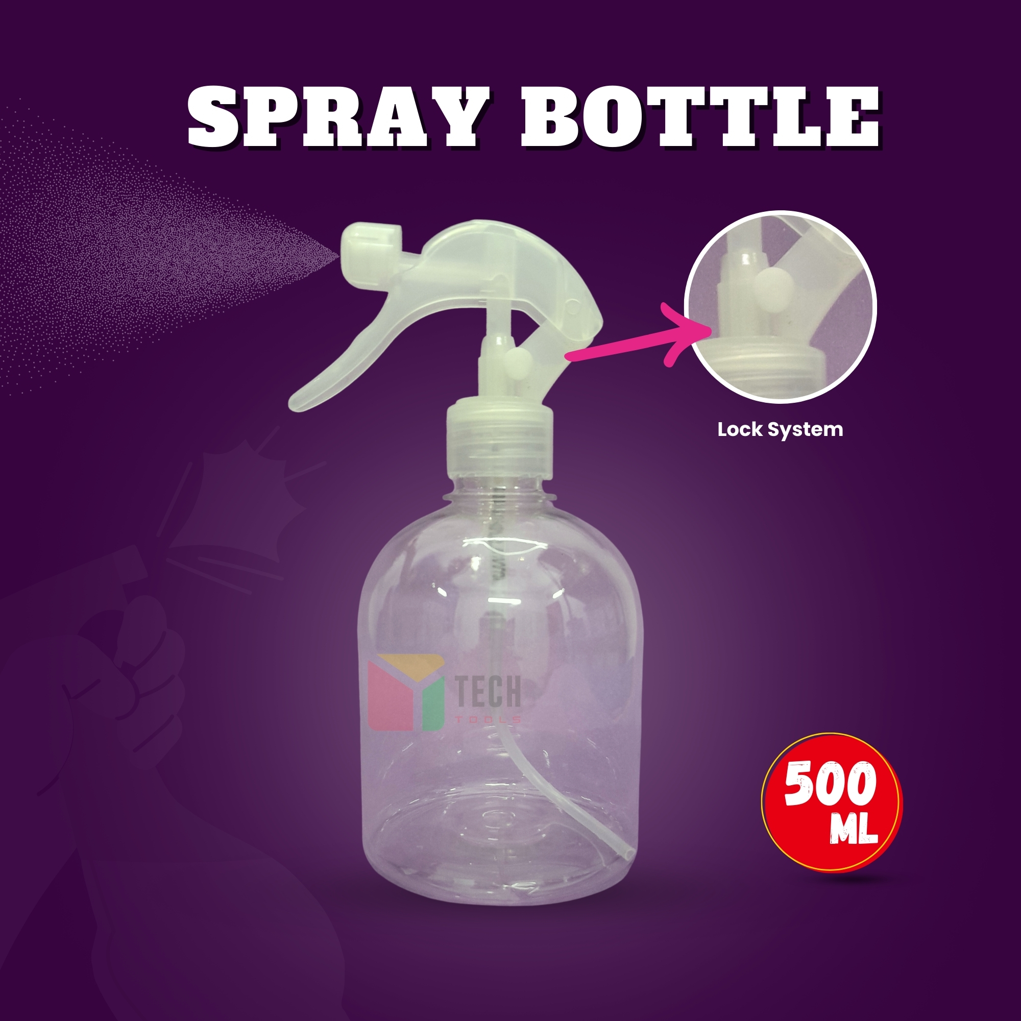 Picture of Spray Empty Bottle 500ml with LOCK Switch Nozzle Water Disinfection Transparent