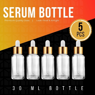 Picture of 30ml Clear Transparent Glass Dropper Bottle with Golden White Cap - Perfect for Essential Oils, Face & Beauty Serums- 5 pcs
