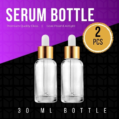 Picture of Reusable 30ml Clear Transparent Glass Serum Bottle with Gold Dropper Cap - Perfect for Essential Oils, Face & Beauty Serums- 2 pcs