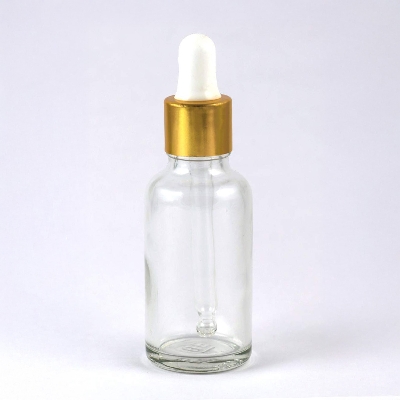 Picture of 30ml Clear Transparent Glass Dropper Bottle with Golden White Cap - Perfect for Essential Oils, Face & Beauty Serums