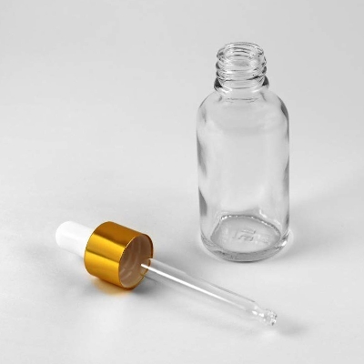 Picture of 30ml Clear Transparent Glass Dropper Bottle with Golden White Cap - Perfect for Essential Oils, Face & Beauty Serums