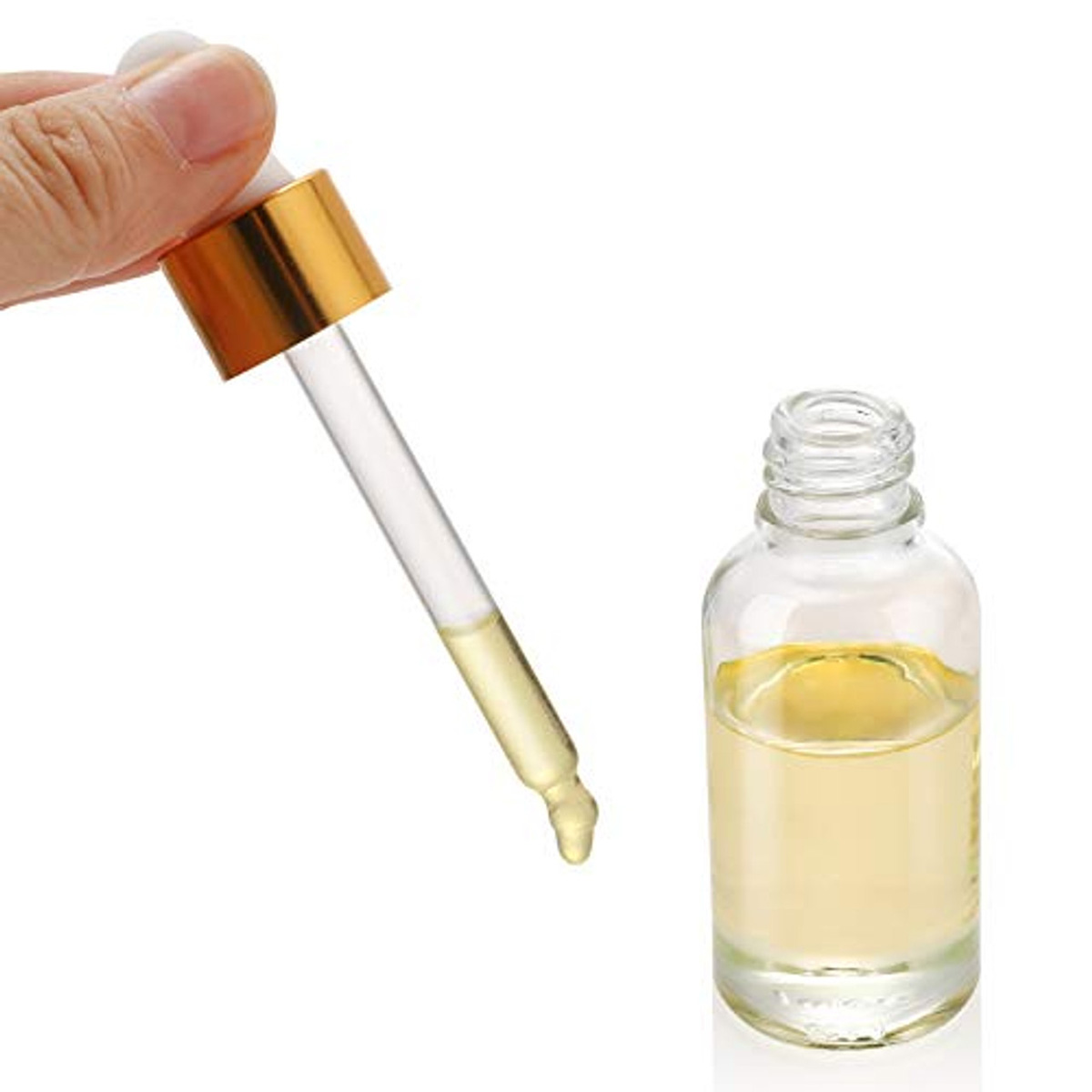 Picture of 30ml Clear Transparent Glass Dropper Bottle with Golden White Cap - Perfect for Essential Oils, Face & Beauty Serums